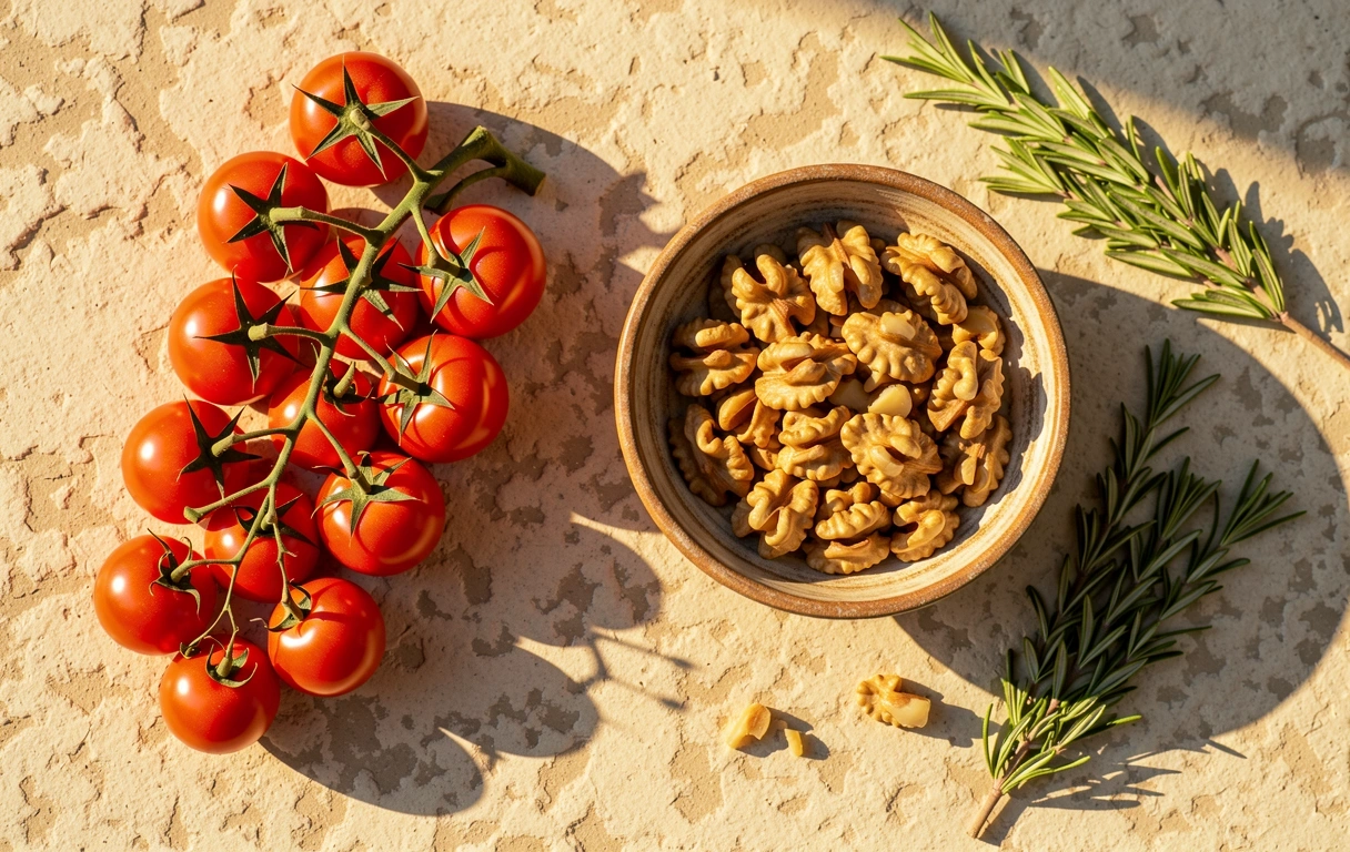 Ingredienti freschi mediterranei in luce naturale